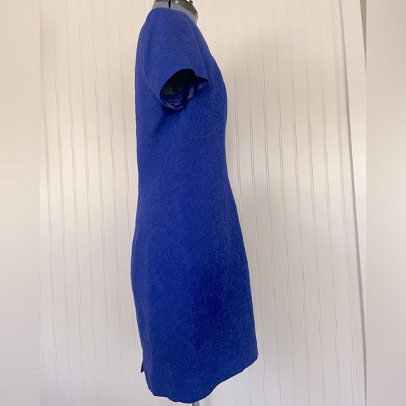 Vintage Royal Blue Silk Mini Dress Scoop Neck Floral Brocade Textured Size 10 - Picture 5 of 12